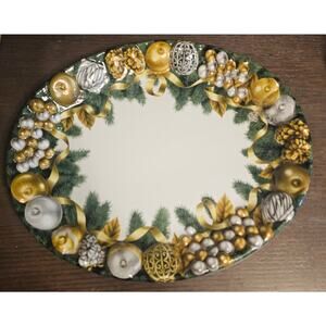 Vintage Plastic Christmas Silver Gold  Serving Platter Tray 18"